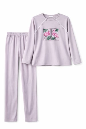 Articole gravide - Pijama de alăptat din bumbac 100%, set 2 piese, cu nasturi laterali, model flamingo