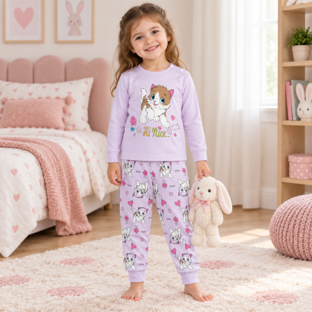 Copii - Pijama de fete cu pisicuțe, lila, 100% bumbac