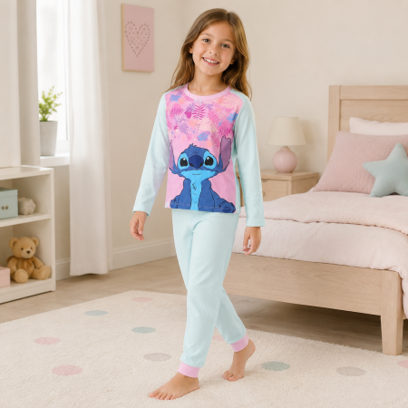 Copii - Pijama de fete cu Stitch, bleu deschis și roz, 100% bumbac