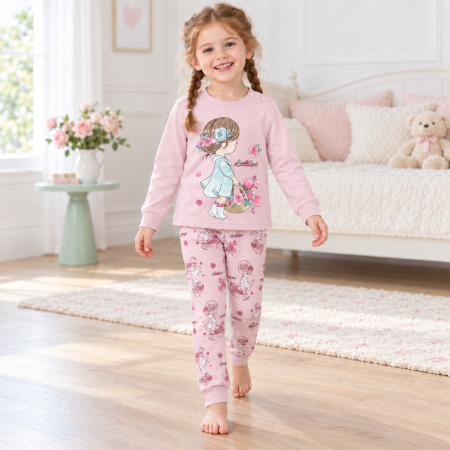 Copii - Pijama de fete Little Girl cu flori, roz pudrat, 100% bumbac