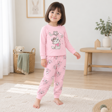 Copii - Pijama de fete roz cu pisicuță Love, 100% bumbac