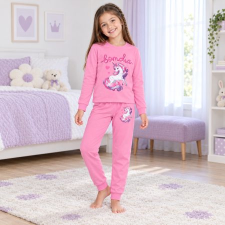 Copii - Pijama de fete roz cu unicorn, 100% bumbac
