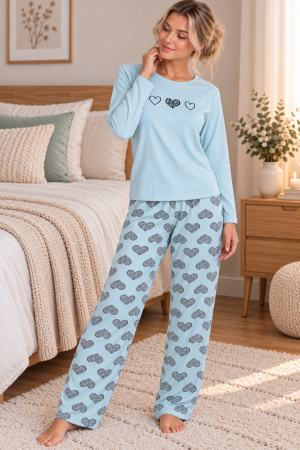 Femei - Pijama de iarnă damă, 100% bumbac, albastru pal, model inimioare