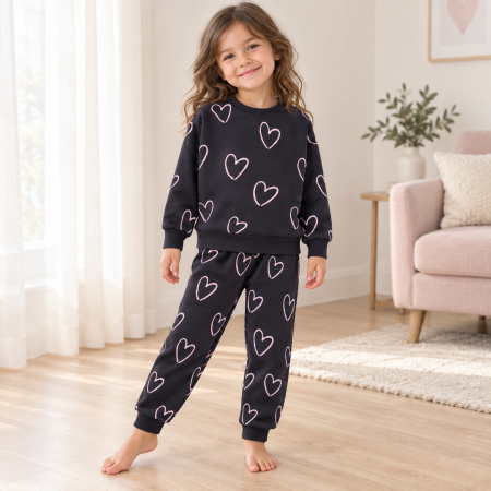 Pijamale cu lung - Pijama de fete neagră cu inimioare roz, 100% bumbac