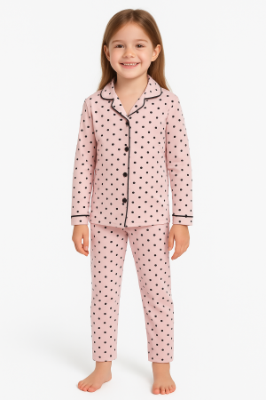 Pijamale cu lung - Pijama din Bumbac pentru Fete, Roz cu Buline si Nasturi