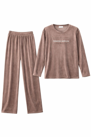 Pijamale Catifea si Cocolino - Pijama din catifea pentru damă, set 2 piese, culoare taupe, confort premium