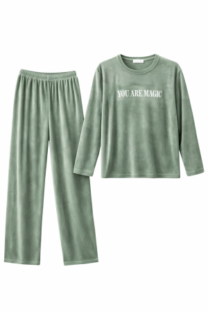 Pijamale Catifea si Cocolino - Pijama din catifea pentru damă, set 2 piese, verde salvie, „You Are Magic”