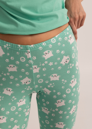 Pijama femei cu colanti trei sfert, din bumbac, Soft&Seven Sofiaman, Verde, Model cu Pisici [2]