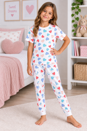 Copii - Pijama fete cu inimioare multicolore, tricou și pantaloni lungi – Alb