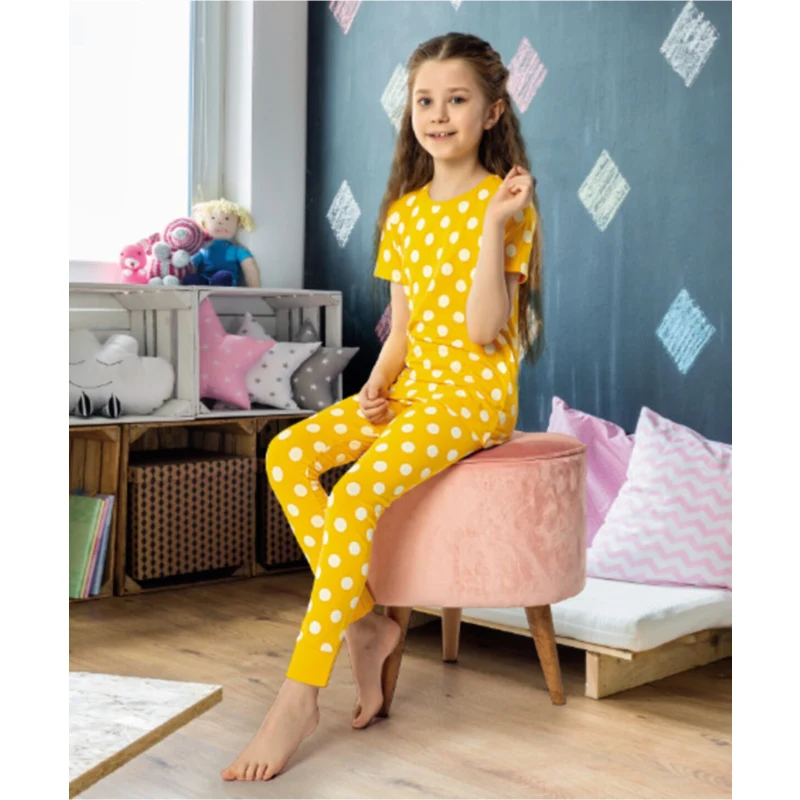 Fete - Pijama fete tricou și pantalon lung, galben cu buline