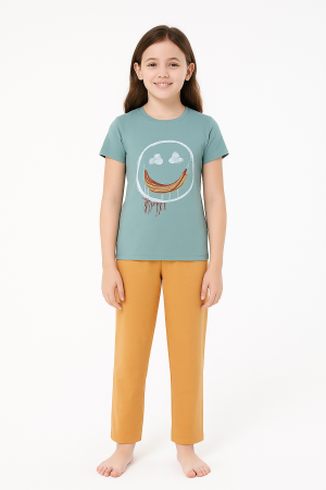 Pijamale - Pijama  Fete  Tricou si Pantalon Lung,  Verde cu Portocaliu