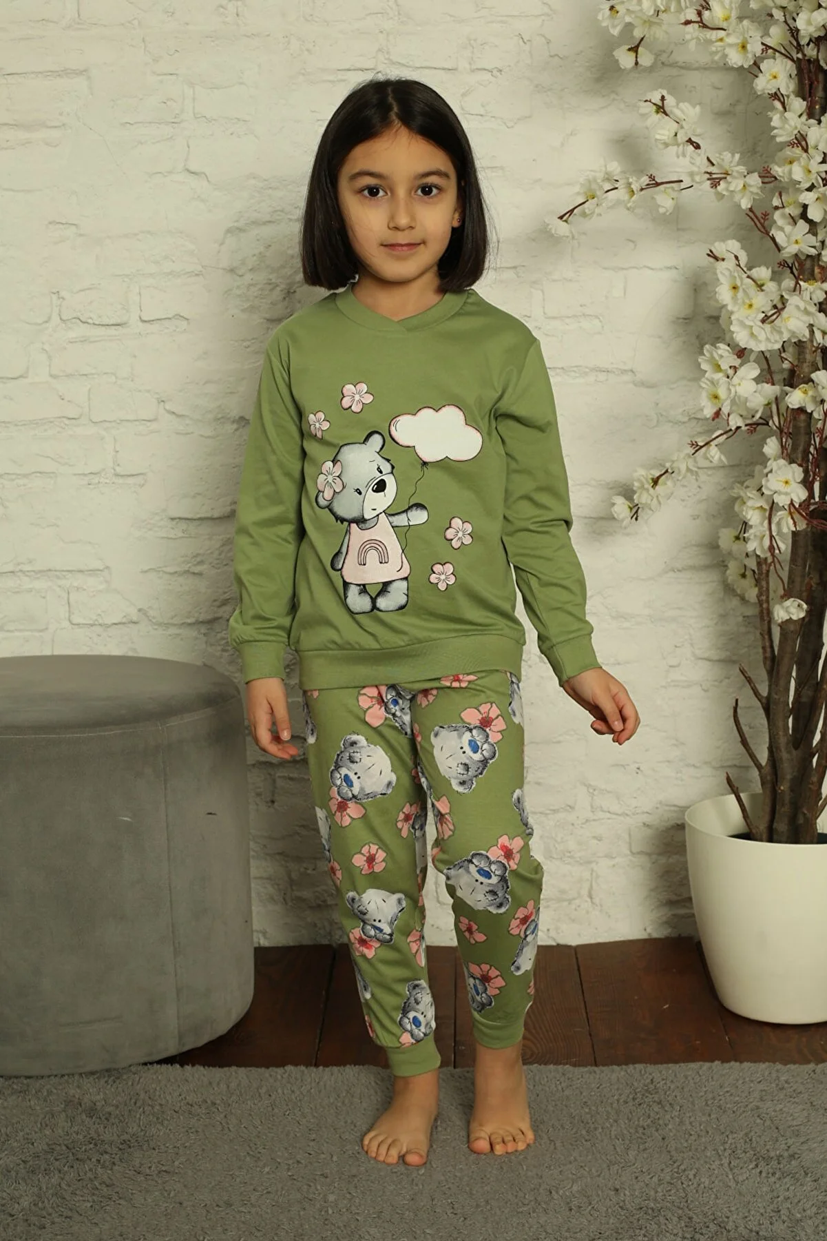 Fete - Pijama fetițe verde cu imprimeu ursuleț