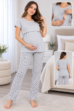 Articole gravide - Pijama gravide și alăptare gri, bluză cu deschidere specială și pantaloni lungi cu inimioare