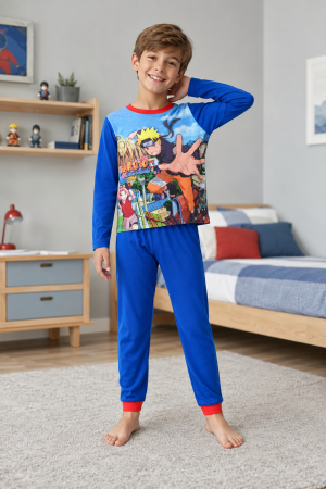 Copii - Pijama lungă pentru băieți, 100% bumbac, albastră, model Naruto