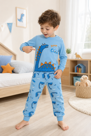 Pijamale - Pijama lungă pentru băieți, 100% bumbac, bleu, model Dinozaur Super Cool