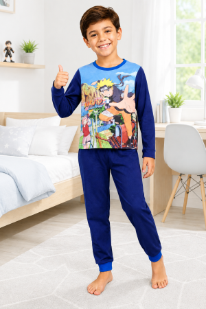 Copii - Pijama lungă pentru băieți, 100% bumbac, bleumarin, model Naruto