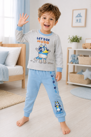 Pijamale - Pijama lungă pentru băieți, 100% bumbac, gri și bleu, model Bluey Puddles