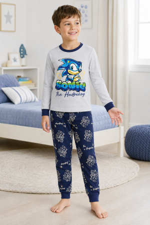 Copii - Pijama lungă pentru băieți, 100% bumbac, gri și bleumarin, model Sonic