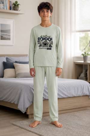 Copii - Pijama lungă pentru băieți, verde mentă, model Surf School 100% bumbac