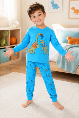 Copii - Pijama pentru băieți, 100% bumbac, albastru-turcoaz, cu dinozauri și baschet