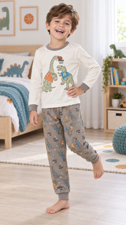 Copii - Pijama pentru băieți, 100% bumbac, crem și taupe, cu dinozauri