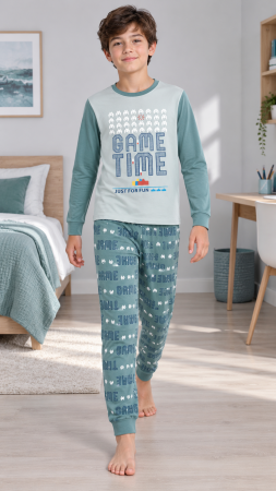 Copii - Pijama pentru băieți Game Time, 100% bumbac, verde mentă