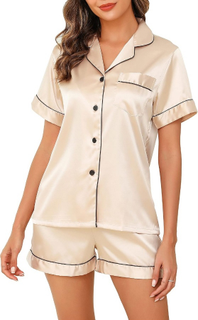 Pijamale - Pijama satin, camasa cu nasturi și pantaloni scurti, Bej
