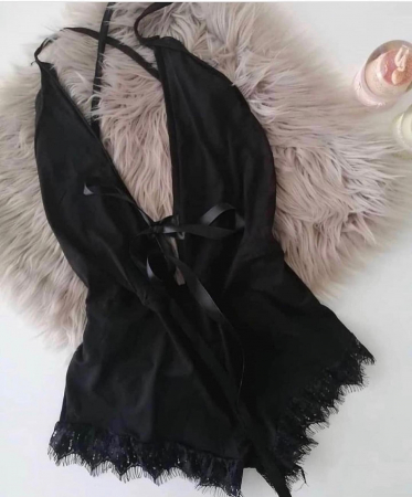 Lenjerie intima - Pijama tip salopeta, negru cu dantela