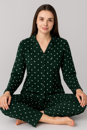 Pijamale - Pijamale dama, cu nasturi, steluțe, verde