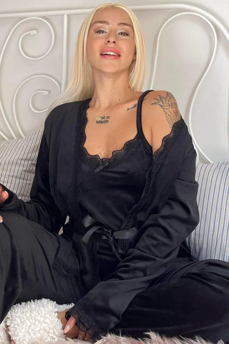 Set damă catifea neagră – maieu, pantaloni și halat elegant pentru casă [2]