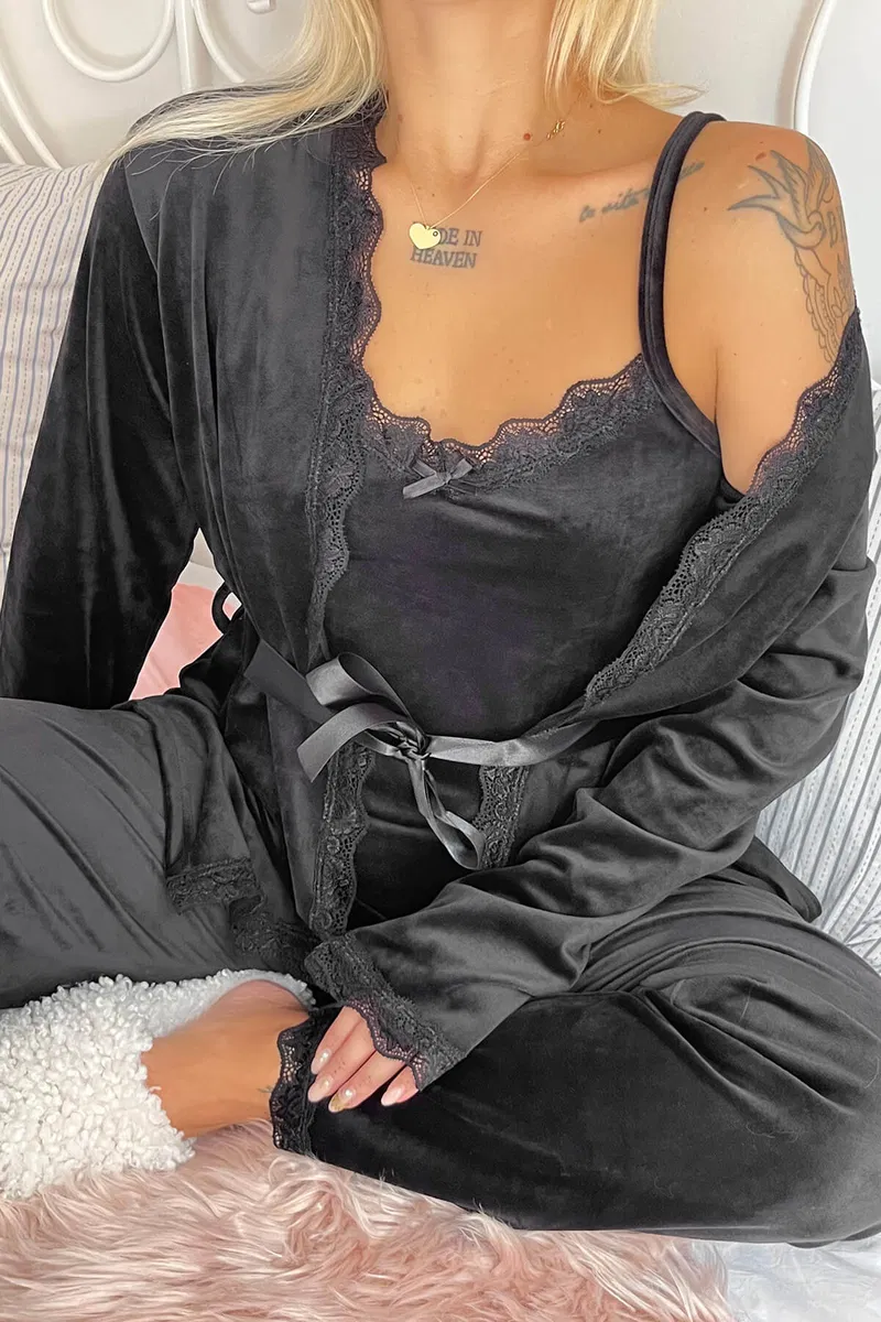 Set damă catifea neagră – maieu, pantaloni și halat elegant pentru casă [1]