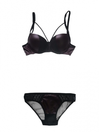 Seturi - Set sutien si chilot din piele , visiniu, sutien dublu  push-up cu dantela si benzi decorative, chilot normal cu plasa si dantela