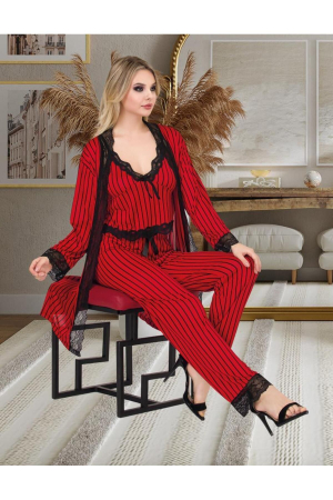 Femei - Set elegant de noapte, Maiou, Pantaloni si Halat asortat, Rosu cu Dungi Negre