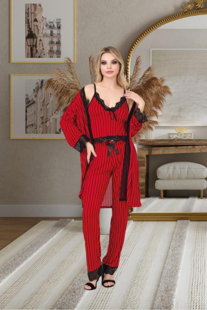 Set elegant de noapte, Maiou, Pantaloni si Halat asortat, Rosu cu Dungi Negre [1]