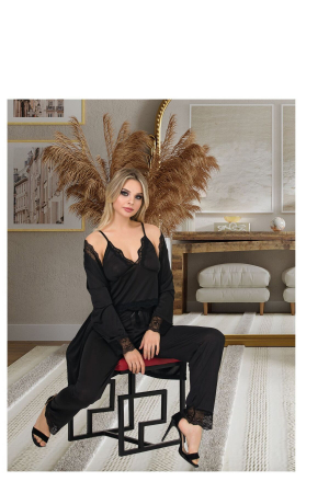 Set elegant de noapte, Maiou, Pantaloni si Halat asortat, Negru [1]