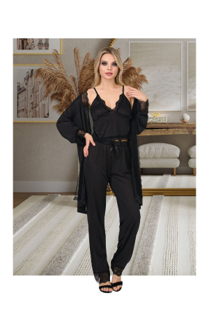 Pijama - Set elegant de noapte, Maiou, Pantaloni si Halat asortat, Negru