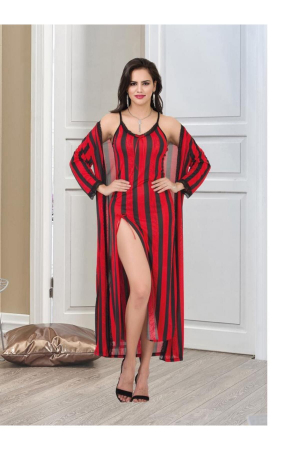 Femei - Set elegant de noapte, Camasa de noapte cu bretele si Halat lung, Rosu cu dungi negre