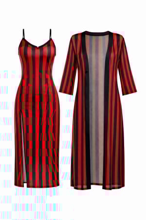 Seturi - Set elegant de noapte, Camasa de noapte cu bretele si Halat lung, Rosu cu dungi negre