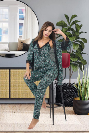 Femei - Set elegant de noapte, Maiou, Pantaloni si Halat asortat