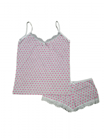 Femei - Set maiou si chilot tip boxeri cu insertie din dantela, gri cu buline, marime standard