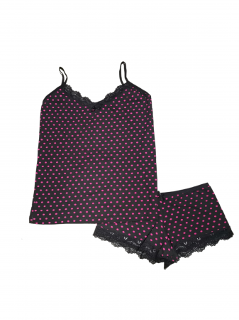 Seturi - Set maiou si chilot tip boxeri cu insertie din dantela, negru cu buline, marime standard