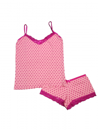 Femei - Set maiou si chilot tip boxeri cu insertie din dantela, portocaliu cu buline, marime standard
