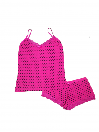 Femei - Set maiou si chilot tip boxeri cu insertie din dantela, roz cu buline, marime standard