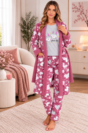 Halate - Set pijama damă cu halat pufos, 3 piese, imprimeu inimioare și iepurași Dream Big