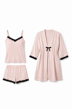 Pijamale cu pantaloni scurti - Set pijama dama din bambus cu broderie din dantela