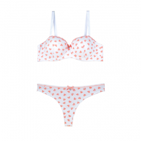 Set sutien si chilot, alb cu inimioare roz ,  sutien cu push-up si insertii de dantela, chilot tanga [1]