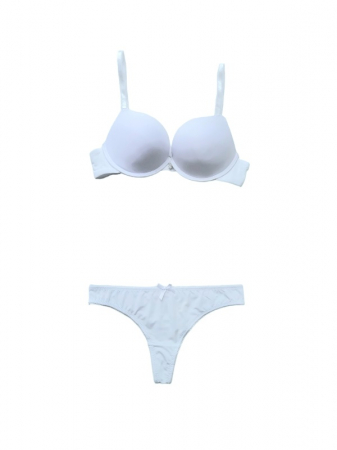Lenjerie intima - Set sutien si chilot, alb, sutien cu dublu push-up, chilot tanga cu fundita