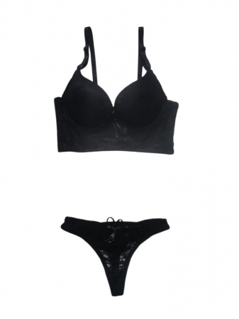Lenjerie intima - Set sutien și chilot din dantela, negru, sutien cu cupe stil bustiera, chilot tanga dantela