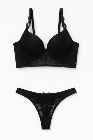 Lenjerie intima - Set sutien și chilot din dantela, negru, sutien cu cupe stil bustiera, chilot tanga dantela