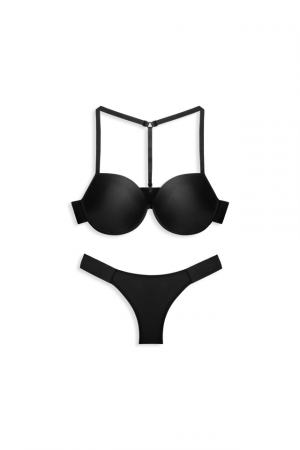 Lenjerie intima - Set sutien si chilot, negru, sutien cu dublu push-up, chilot brazilian